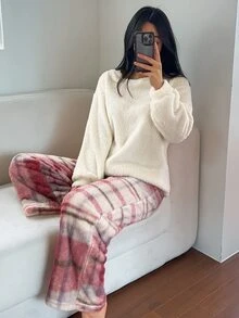 DAZY Conjunto de pijama de mujer para invierno con top de felpa grueso de unicolor y pantalones de pijama a cuadros para dormir en otoño - Blanco - Ver 11