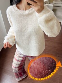DAZY Conjunto de pijama de mujer para invierno con top de felpa grueso de unicolor y pantalones de pijama a cuadros para dormir en otoño - Blanco - Ver 3