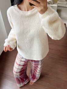DAZY Conjunto de pijama de mujer para invierno con top de felpa grueso de unicolor y pantalones de pijama a cuadros para dormir en otoño - Blanco - Ver 8