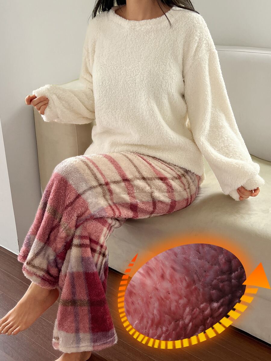 DAZY Conjunto de pijama de mujer para invierno con top de felpa grueso de unicolor y pantalones de pijama a cuadros para dormir en otoño - Blanco - Ver 1