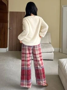DAZY Conjunto de pijama de mujer para invierno con top de felpa grueso de unicolor y pantalones de pijama a cuadros para dormir en otoño - Blanco - Ver 2