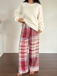 DAZY Conjunto de pijama de mujer para invierno con top de felpa grueso de unicolor y pantalones de pijama a cuadros para dormir en otoño - Blanco - Ver 5