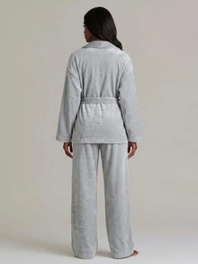 Livesso 女款純色落肩長袖睡袍與長褲家居服套裝 - 灰色 - 查看 2