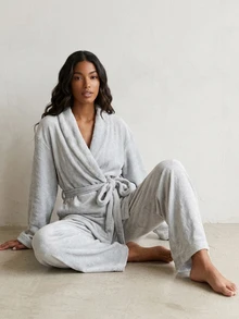 Livesso 女款純色落肩長袖睡袍與長褲家居服套裝 - 灰色 - 查看 8