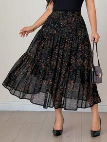 Dazy Plus Ditsy Floral Chiffon Elastic Waist A-Line Elegant Versatile Elegant Spring Autumn Skirt - Black - View 1