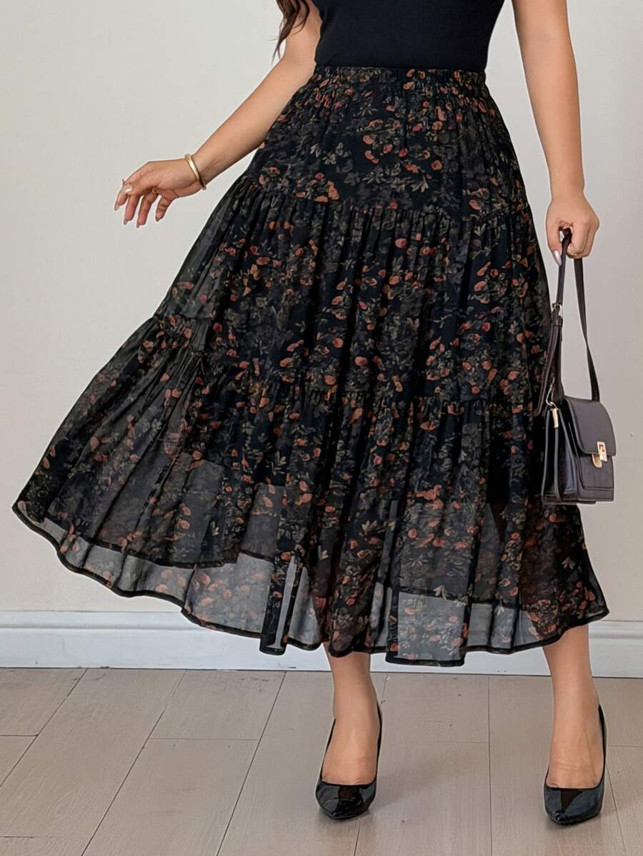 Dazy Plus Ditsy Floral Chiffon Elastic Waist A-Line Elegant Versatile Elegant Spring Autumn Skirt - Black - View 1