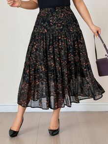 Dazy Plus Ditsy Floral Chiffon Elastic Waist A-Line Elegant Versatile Elegant Spring Autumn Skirt - Black - View 2