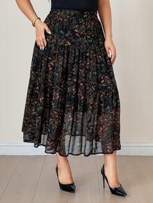 Dazy Plus Ditsy Floral Chiffon Elastic Waist A-Line Elegant Versatile Elegant Spring Autumn Skirt - Black - View 4