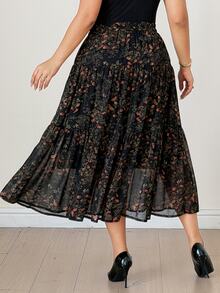 Dazy Plus Ditsy Floral Chiffon Elastic Waist A-Line Elegant Versatile Elegant Spring Autumn Skirt - Black - View 3