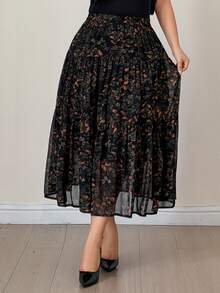 Dazy Plus Ditsy Floral Chiffon Elastic Waist A-Line Elegant Versatile Elegant Spring Autumn Skirt - Black - View 7