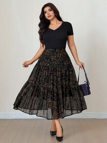Dazy Plus Ditsy Floral Chiffon Elastic Waist A-Line Elegant Versatile Elegant Spring Autumn Skirt - Black - View 5