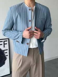 DAZY Jaket dan Pakaian Luar Pria Minimalis Tanpa Kerah Bergaris Biru dan Putih untuk Musim Gugur - Biru - View 7