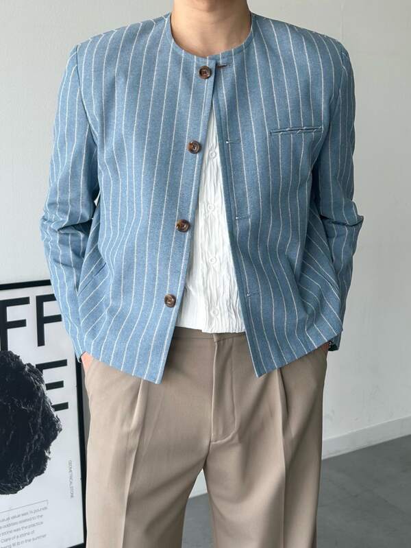 DAZY Short Blue And White Striped Collarless Minimalist Commuter Men's Jacket And Outerwear