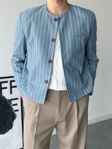 DAZY Jaket dan Pakaian Luar Pria Minimalis Tanpa Kerah Bergaris Biru dan Putih untuk Musim Gugur - Biru - View 8