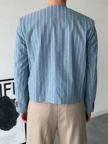 DAZY Jaket dan Pakaian Luar Pria Minimalis Tanpa Kerah Bergaris Biru dan Putih untuk Musim Gugur - Biru - View 2