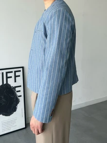 DAZY Jaket dan Pakaian Luar Pria Minimalis Tanpa Kerah Bergaris Biru dan Putih untuk Musim Gugur - Biru - View 6