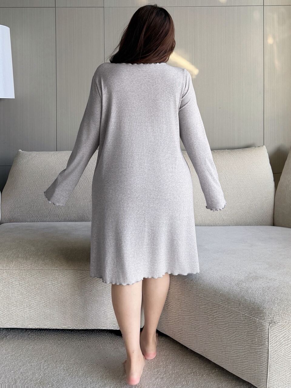Dazy Plus Solid Color Casual Knit Lace Patchwork Long Sleeve Straight Leg Loungewear Nightgown, Spring Summer Autumn