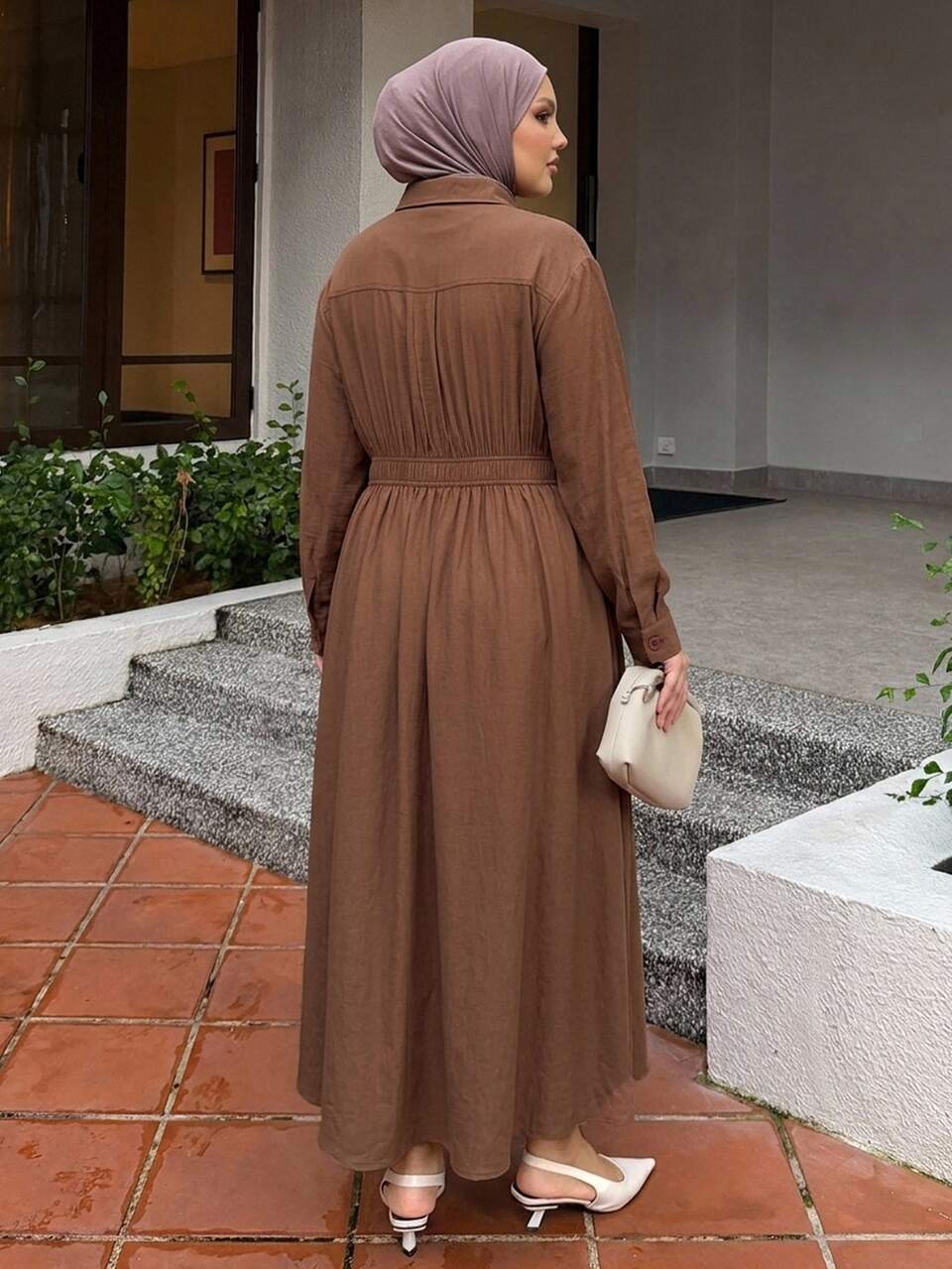 Dazy Plus Casual Elegant Cinched Waist Asymmetric Placket Shirt Dress, Fun Commute Long Dress, Spring/Autumn Brown