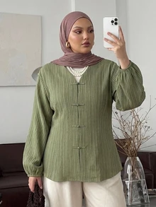 Dazy Plus V-Neck Textured Waist-Cinching Green Elegant Lantern Sleeve Long Sleeve Blouse For Spring, Summer, Autumn - Olive Green - View 6