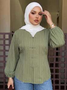 Dazy Plus V-Neck Textured Waist-Cinching Green Elegant Lantern Sleeve Long Sleeve Blouse For Spring, Summer, Autumn - Olive Green - View 8