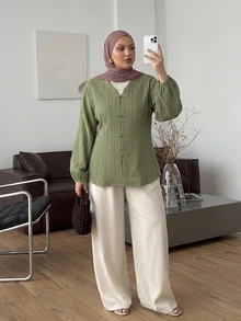 Dazy Plus V-Neck Textured Waist-Cinching Green Elegant Lantern Sleeve Long Sleeve Blouse For Spring, Summer, Autumn - Olive Green - View 9