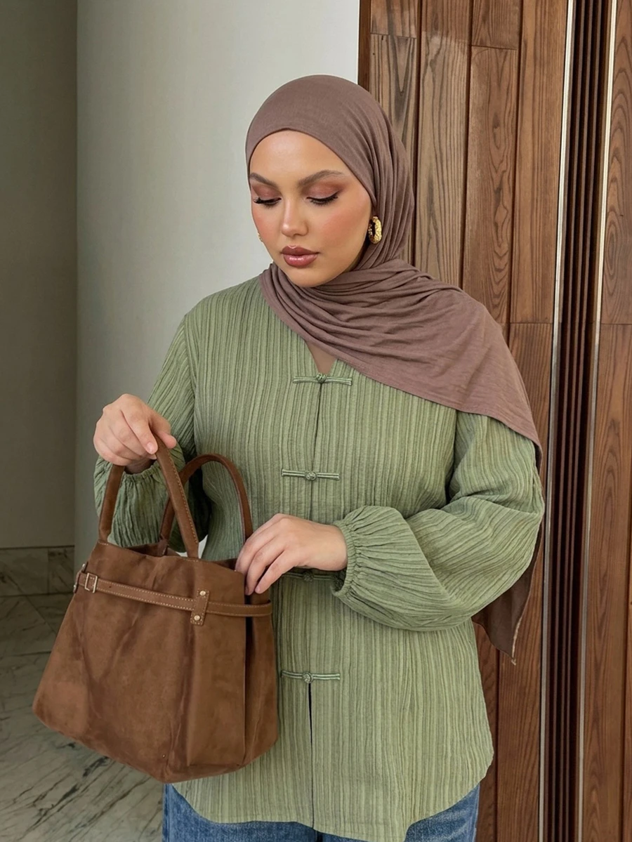Dazy Plus V-Neck Textured Waist-Cinching Green Elegant Lantern Sleeve Long Sleeve Blouse For Spring, Summer, Autumn - Olive Green - View 1