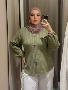 Dazy Plus V-Neck Textured Waist-Cinching Green Elegant Lantern Sleeve Long Sleeve Blouse For Spring, Summer, Autumn - Olive Green - View 4