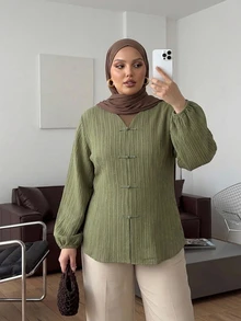Dazy Plus V-Neck Textured Waist-Cinching Green Elegant Lantern Sleeve Long Sleeve Blouse For Spring, Summer, Autumn - Olive Green - View 7