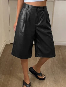 DAZY 純色直筒百慕達短褲，休閒優雅春夏女款短褲 Y2K - 黑色 - 查看 7