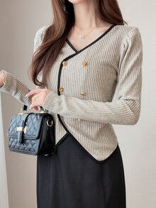 FRIFUL Atasan Wanita Model Korea Terbaru untuk Awal Musim Panas/Musim Gugur, Kaos Lengan Panjang Bergaris dengan Potongan Pinggang Ramping - Aprikot - View 4