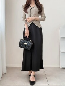 FRIFUL Atasan Wanita Model Korea Terbaru untuk Awal Musim Panas/Musim Gugur, Kaos Lengan Panjang Bergaris dengan Potongan Pinggang Ramping - Aprikot - View 7
