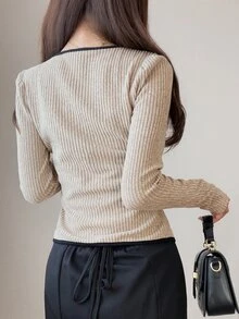 FRIFUL Atasan Wanita Model Korea Terbaru untuk Awal Musim Panas/Musim Gugur, Kaos Lengan Panjang Bergaris dengan Potongan Pinggang Ramping - Aprikot - View 2