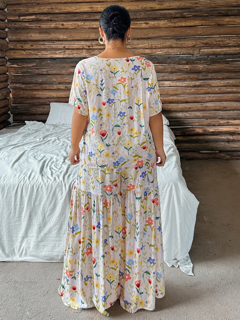 Dazy Plus Floral Pattern Loose Short Sleeve T-Shirt & Wide Leg Long Pants 2pcs Pajama Set, Spring Summer Autumn