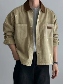 DAZY Chaqueta vaquera de hombre con cuello patchwork, color contrastante, lavado y efecto desgastado para primavera/otoño - Caqui - Ver 4