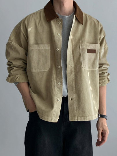 DAZY Spring/Autumn Patchwork Collar Contrast Color Washed Distressed Men's Denim Jacket