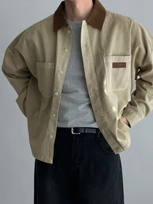 DAZY Chaqueta vaquera de hombre con cuello patchwork, color contrastante, lavado y efecto desgastado para primavera/otoño - Caqui - Ver 1