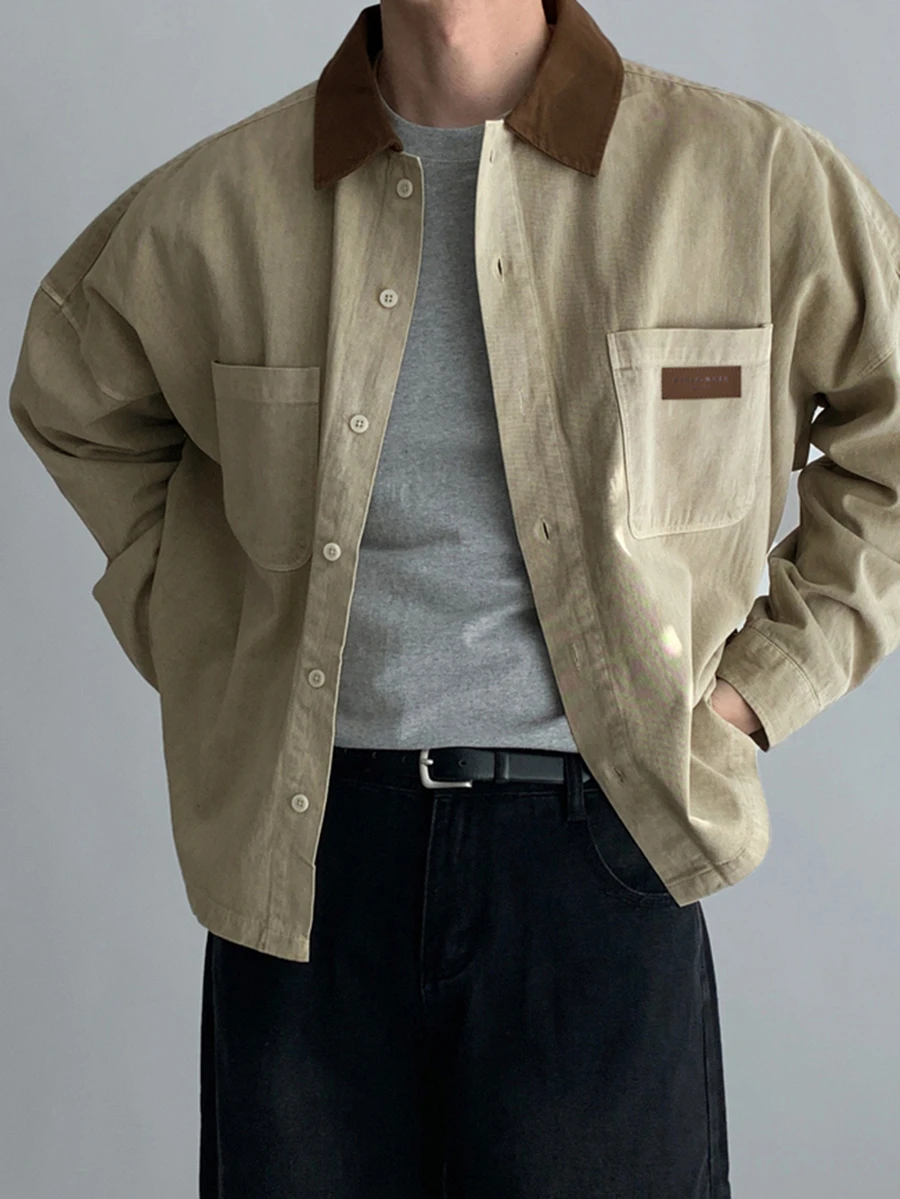DAZY Jaket Denim Pria Model Patchwork Kerah Warna Kontras dengan Efek Washed dan Distressed untuk Musim Semi/Gugur - Khaki - View 1