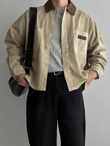 DAZY Chaqueta vaquera de hombre con cuello patchwork, color contrastante, lavado y efecto desgastado para primavera/otoño - Caqui - Ver 5
