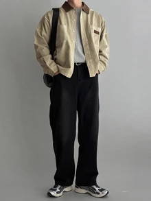 DAZY Chaqueta vaquera de hombre con cuello patchwork, color contrastante, lavado y efecto desgastado para primavera/otoño - Caqui - Ver 3
