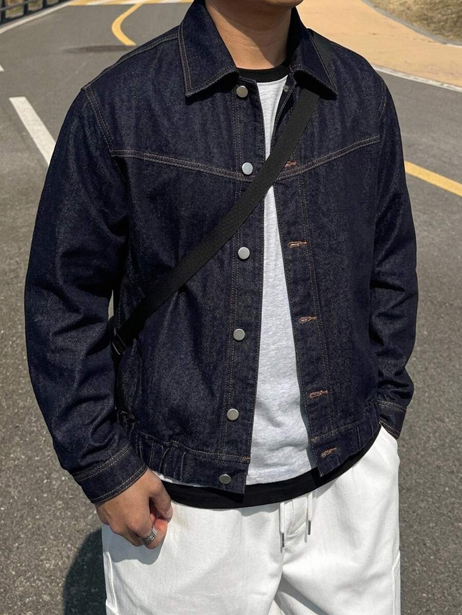 DAZY Men's Solid Color Denim Jacket, Autumn - Navy Blue - View 1