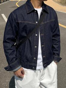 DAZY Men's Solid Color Denim Jacket, Autumn - Navy Blue - View 5