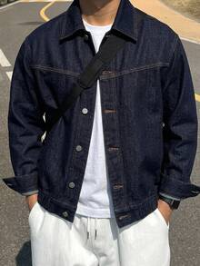 DAZY Men's Solid Color Denim Jacket, Autumn - Navy Blue - View 3