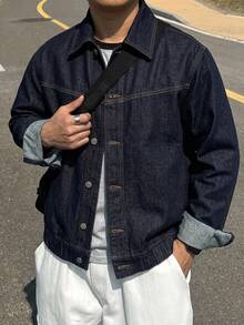 DAZY Men's Solid Color Denim Jacket, Autumn - Navy Blue - View 7