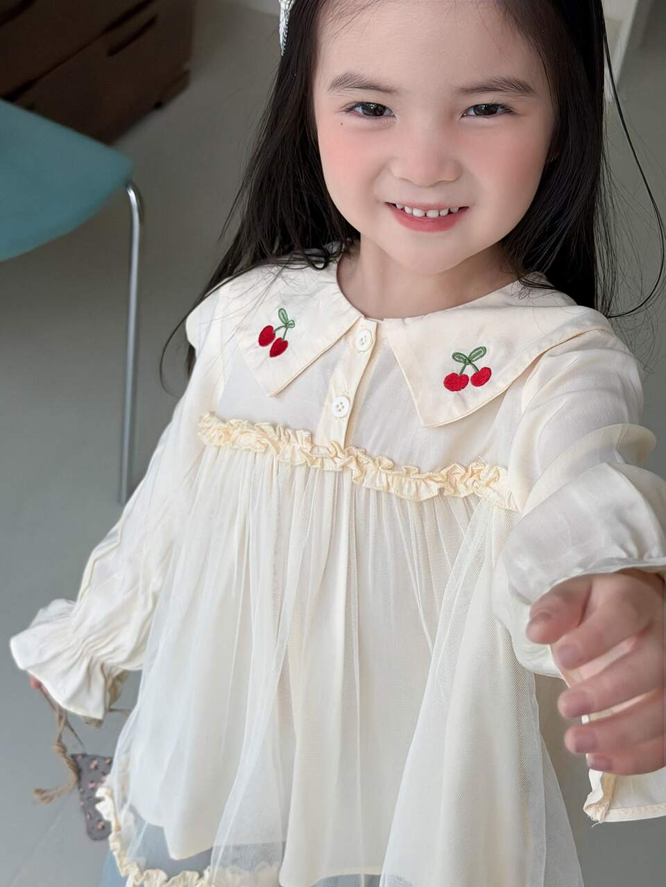 Young Girl Mesh Patchwork Cherry Embroidery Blouse Fall