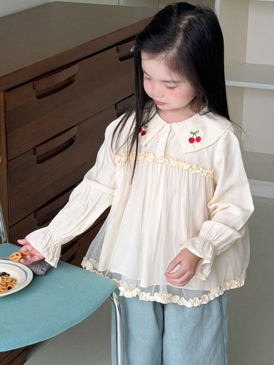 DAZY Blus Rajut Motif Patchwork Jala untuk Anak Perempuan, Cocok untuk Musim Gugur. - Aprikot - View 1