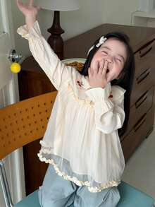 DAZY Blus Rajut Motif Patchwork Jala untuk Anak Perempuan, Cocok untuk Musim Gugur. - Aprikot - View 4