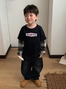 DAZY 男嬰圓領格紋拼接韓系街頭風春夏上衣幼兒 - 黑色 - 查看 3