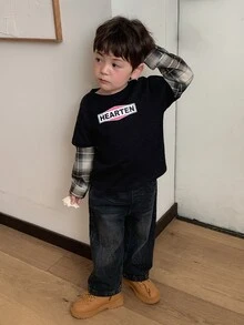 DAZY 男嬰圓領格紋拼接韓系街頭風春夏上衣幼兒 - 黑色 - 查看 4