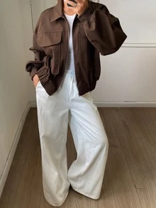Livesso Autumn Winter Loose Fit Solid Color Workwear Casual Style Women's Aviator Jacket - Coffee Brown - View 6