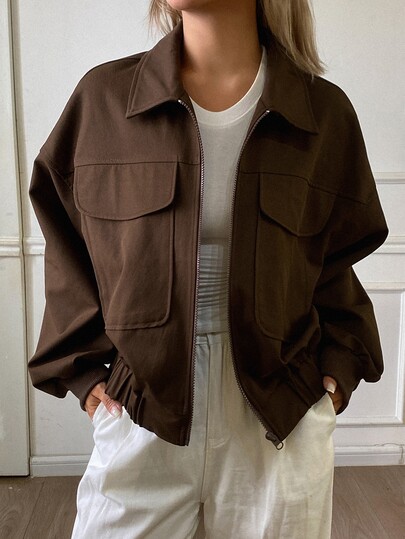 Livesso Autumn Winter Loose Fit Solid Color Workwear Casual Style Women's Aviator Jacket